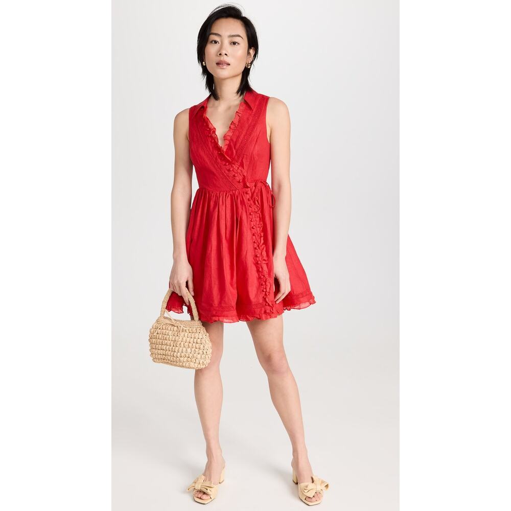 JOSLIN Amella Linen Mini Wrap Dress Womens 0 Red Sleeveless Collar V Neck Ruffle